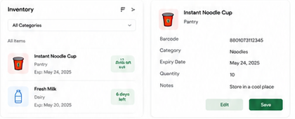 ShelfLife Sync inventory scan and product-detail screens